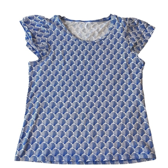 Ann Taylor Blue Seashell Print Ruffle Sleeve Top summer cute feminine tropical - Picture 1 of 8